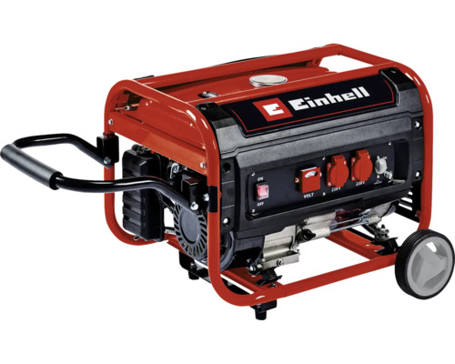 Elektrický generátor Einhell s rámem a podvozkem pro mobilní napájení na staveništi nebo na zahradě.