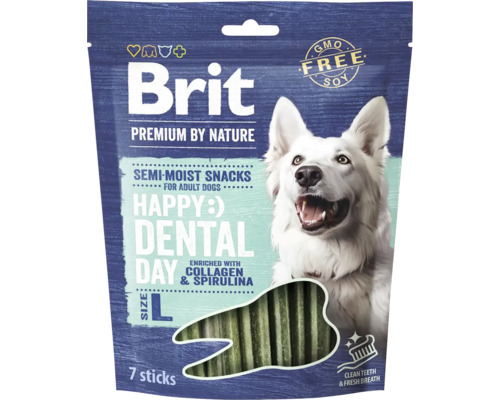 Dentální pamlsky pro psy Brit Premium by Nature, polovlhké tyčinky s kolagenem a spirulinou, 7 kusů, velikost L