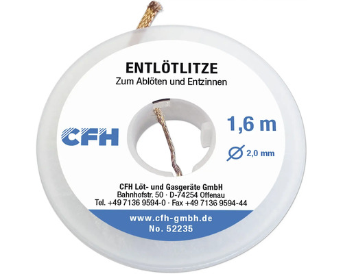Odsávací knot CFH na cívce, průměr 2,0 milimetry, délka 1,6 metru, pro odpájení a odstranění cínu z elektronických součástek.