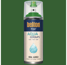 Sprejový lak Belton free Aqua Colours v listově zeleném odstínu RAL 6002 s matným povrchem.