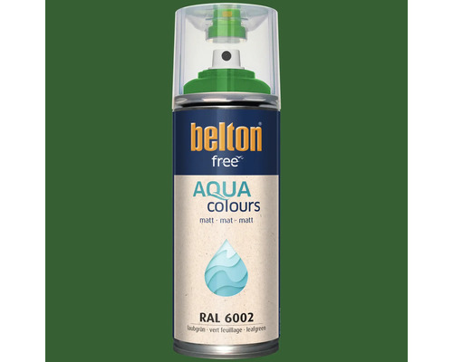 Sprejový lak Belton free Aqua Colours v listově zeleném odstínu RAL 6002 s matným povrchem.
