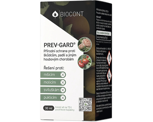 Biocont Prev-Gard přírodní ochrana proti škůdcům a houbovým chorobám v balení 30 mililitrů pro 7,5 litru postřikové kapaliny.