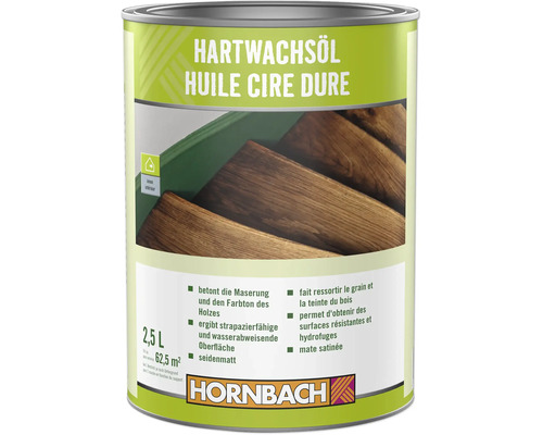 Plechovka tvrdého voskového oleje Hornbach pro vnitřní použití, hedvábně matný, chrání a zdůrazňuje kresbu dřeva, balení 2,5 litru.