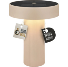 Moderní solární LED stolní lampa s žebrovaným sloupkem a solárním panelem na horní straně, oceněná za design.
