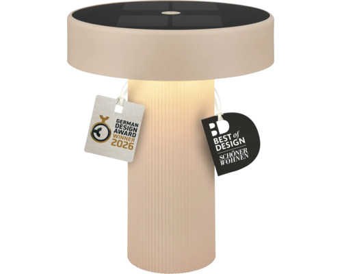 Moderní solární LED stolní lampa s žebrovaným sloupkem a solárním panelem na horní straně, oceněná za design.