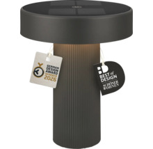 Moderní LED solární stolní lampa s žebrovanou základnou a solárním panelem na horní straně, včetně ocenění German Design Award 2026.