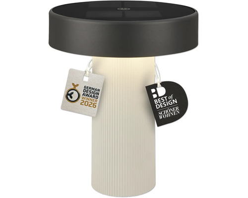 Moderní solární stolní LED lampa s žebrovaným podstavcem a oceněními German Design Award Winner 2026 a Best of Design Schöner Wohnen