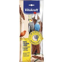 Vitakraft červené klasy prosa pro všechny druhy ptactva v plastovém obalu s vyobrazením různých okrasných ptáků.