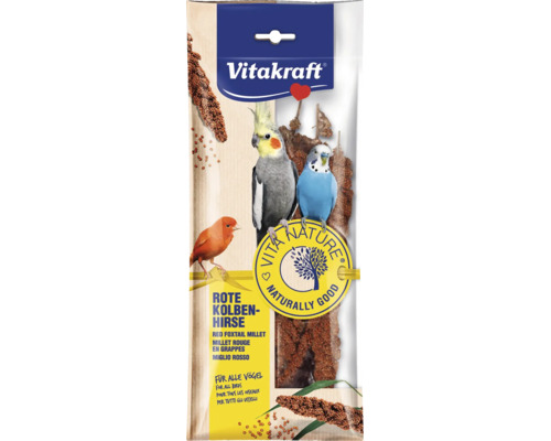 Vitakraft červené klasy prosa pro všechny druhy ptactva v plastovém obalu s vyobrazením různých okrasných ptáků.