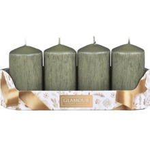 Čtyři rustikální válcové svíčky se strukturovaným povrchem v ozdobném dárkovém balení s logem Glamour Luxury Candles.