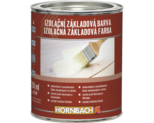 Izolační základová barva na dřevo HORNBACH v plechovce o objemu 750 mililitrů pro prevenci skvrn a žloutnutí.