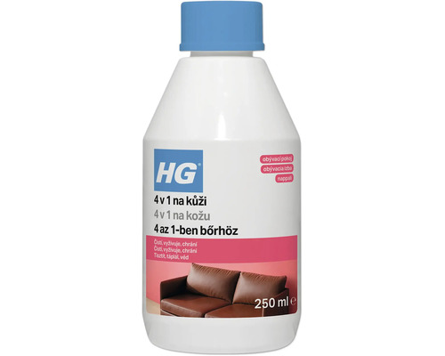 HG 4 v 1 na kůži prostředek na čištění a ošetřování koženého nábytku v lahvi o objemu 250 mililitrů.