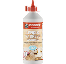 Lepidlo na dřevo Debbex Woodfix D2 v dávkovací lahvi pro interiér vhodné na papír nábytek překližku hračky a dřevěné modely