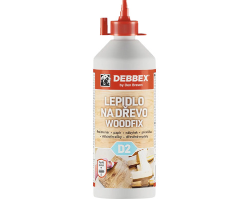 Lepidlo na dřevo Debbex Woodfix D2 v dávkovací lahvi pro interiér vhodné na papír nábytek překližku hračky a dřevěné modely