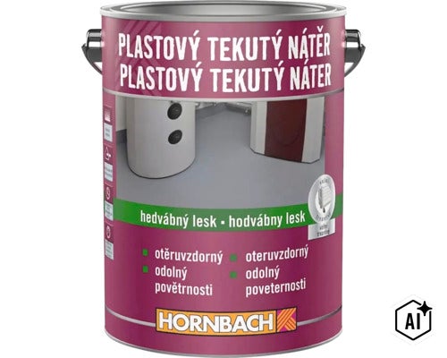 Plastový tekutý nátěr na podlahy v kovové plechovce s uchem a logem Hornbach (Image AI modified or generated)