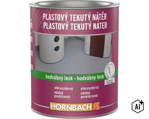 Plastový tekutý nátěr v plechovce od Hornbachu pro povrchovou úpravu podlah