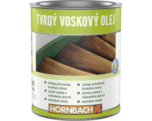 Plechovka s tvrdým voskovým olejem na dřevo s logem Hornbach a symbolem vhodnosti pro dětské hračky