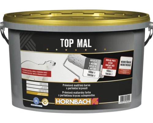Kbelik s malirskou barvou Hornbach Top Mal pro vnitrni natery s vysokou kryci schopnosti.