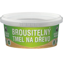 Plastová nádoba s brousitelným tmelem na dřevo pro opravy dřevěných povrchů.