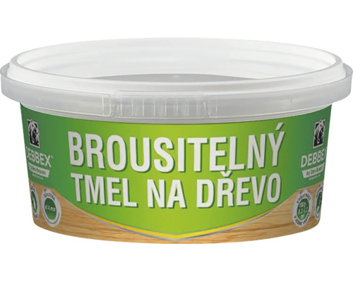 Plastová nádoba s brousitelným tmelem na dřevo pro opravy dřevěných povrchů.