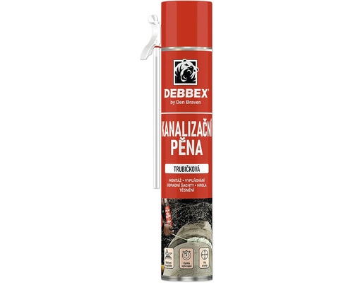 Debbex kanalizační pěna ve spreji s aplikační trubičkou pro montáž odpadních šachet a potrubí.