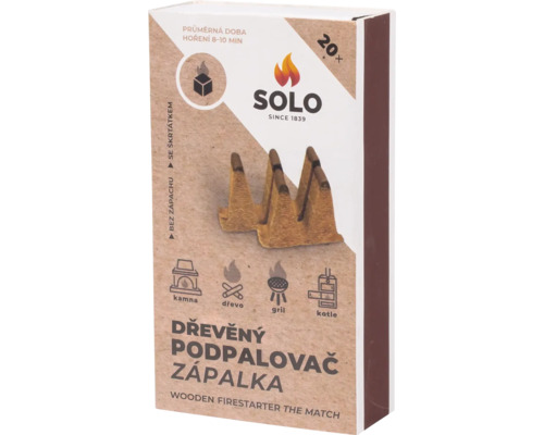 Dřevěný podpalovač SOLO v balení po 20 kusech pro krby, kamna, grily a kotle.
