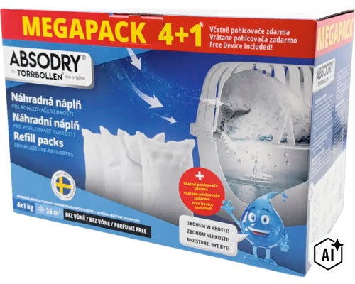 Absodry megapack 4 plus 1 pohlcovac vlhkosti vcetne zdarma zarizeni pro prostory do 35 metru ctverecnich (Image AI modified or generated)