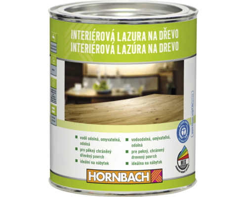 Plechovka s interiérovou lazurou na dřevěný nábytek a povrchy s ekoznačkou Modrý anděl a logem Hornbach