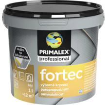 Kbelík interiérové barvy Primalex Fortec professional, bílá, 1 litr pro 12 metrů čtverečních, ideální na sádrokarton