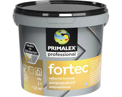 Kbelík interiérové barvy Primalex Fortec professional, bílá, 1 litr pro 12 metrů čtverečních, ideální na sádrokarton