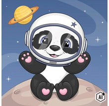 Kreslená ilustrace pandy jako astronauta ve vesmíru s helmou na měsíci. (Image AI modified or generated)