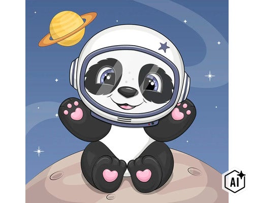 Kreslená ilustrace pandy jako astronauta ve vesmíru s helmou na měsíci. (Image AI modified or generated)
