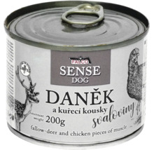 Konzerva Falco Sense Dog daněk a kuřecí kousky svaloviny, 200 gramů.