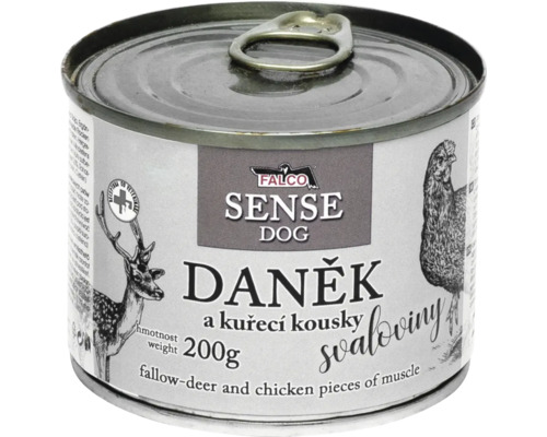 Konzerva Falco Sense Dog daněk a kuřecí kousky svaloviny, 200 gramů.