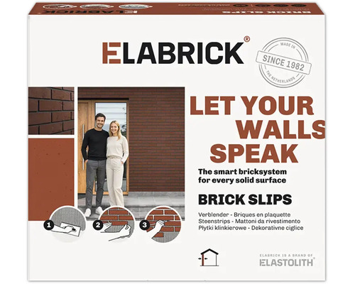 Balení obkladových pásků Elabrick s ilustracemi použití na fasádě domu a návodem k montáži cihelných obkladů.