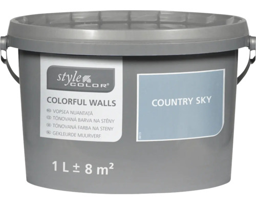 Jeden litr tónované barvy na stěny Style Color v kbelíku v odstínu Country Sky pro přibližně osm metrů čtverečních.