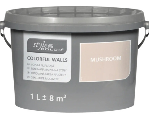 Tónovaná barva na stěny Style Color Colorful Walls v odstínu Mushroom, balení 1 litr pro přibližně 8 metrů čtverečních.