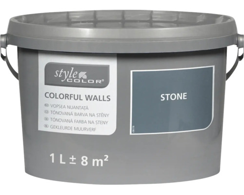 Jeden litr barvy Colorful Walls od Style Color v odstínu Stone na stěny v plastovém kbelíku.