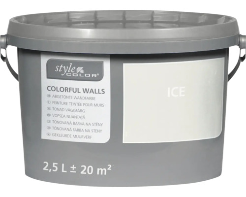 Kbelík barvy na stěny StyleColor Colorful Walls v odstínu Ice s obsahem 2,5 litru pro přibližně 20 metrů čtverečních plochy.