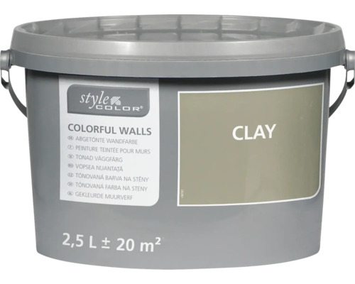 Plastový kbelík s nástěnnou barvou StyleColor Colorful Walls v odstínu Clay, balení 2,5 litru pro přibližně 20 metrů čtverečních.
