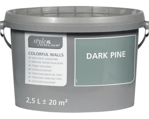 Kbelík barvy na stěny StyleColor v odstínu Dark Pine o objemu 2,5 litru pro plochu přibližně 20 metrů čtverečních.