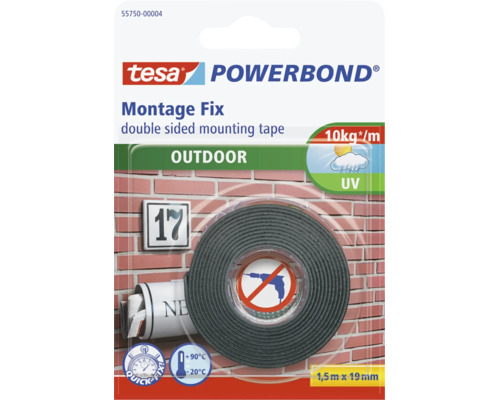 Montážní páska Tesa Powerbond pro venkovní použití, oboustranná lepicí páska odolná proti povětrnostním vlivům, 1,5 metru krát 19 milimetrů.