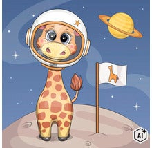 Samolepka na zeď s ilustrací žirafy jako astronauta s vesmírnou helmou a motivem planety pro dětský pokoj (Image AI modified or generated)