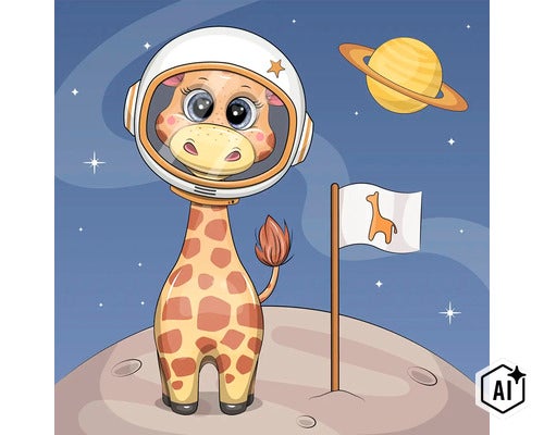 Samolepka na zeď s ilustrací žirafy jako astronauta s vesmírnou helmou a motivem planety pro dětský pokoj (Image AI modified or generated)