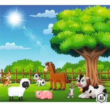 Kreslená ilustrace skupiny hospodářských zvířat na louce před dřevěným plotem a stromem za slunného počasí. (Image AI modified or generated)