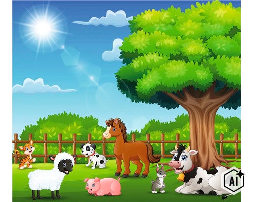 Kreslená ilustrace skupiny hospodářských zvířat na louce před dřevěným plotem a stromem za slunného počasí. (Image AI modified or generated)