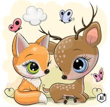 Samolepka na zed s ilustraci roztomile lisky a srnky s motyly do detskeho pokoje (Image AI modified or generated)