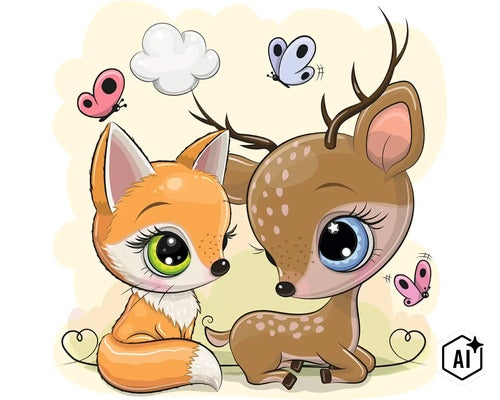 Samolepka na zed s ilustraci roztomile lisky a srnky s motyly do detskeho pokoje (Image AI modified or generated)