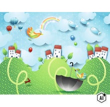 Dětská tapeta s ilustrovanou fantasy krajinou s kopci, malými domky, létajícími ptáky, horkovzdušnými balony a duhou. (Image AI modified or generated)