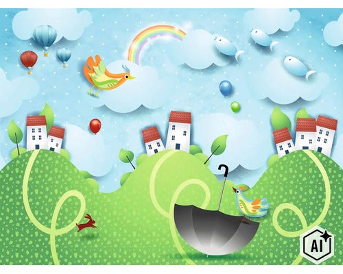 Dětská tapeta s ilustrovanou fantasy krajinou s kopci, malými domky, létajícími ptáky, horkovzdušnými balony a duhou. (Image AI modified or generated)